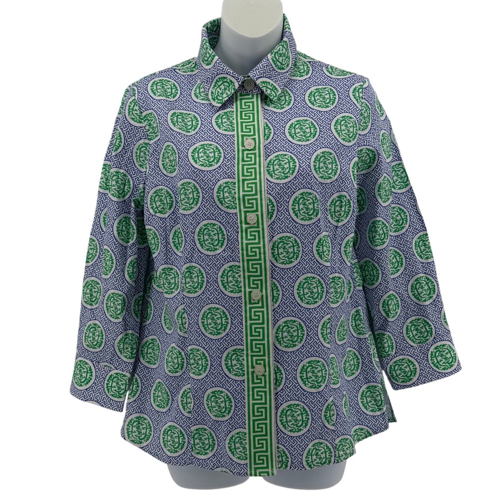Patty Kim Essential Blouse Women Green White Medallion Greek Key Top S